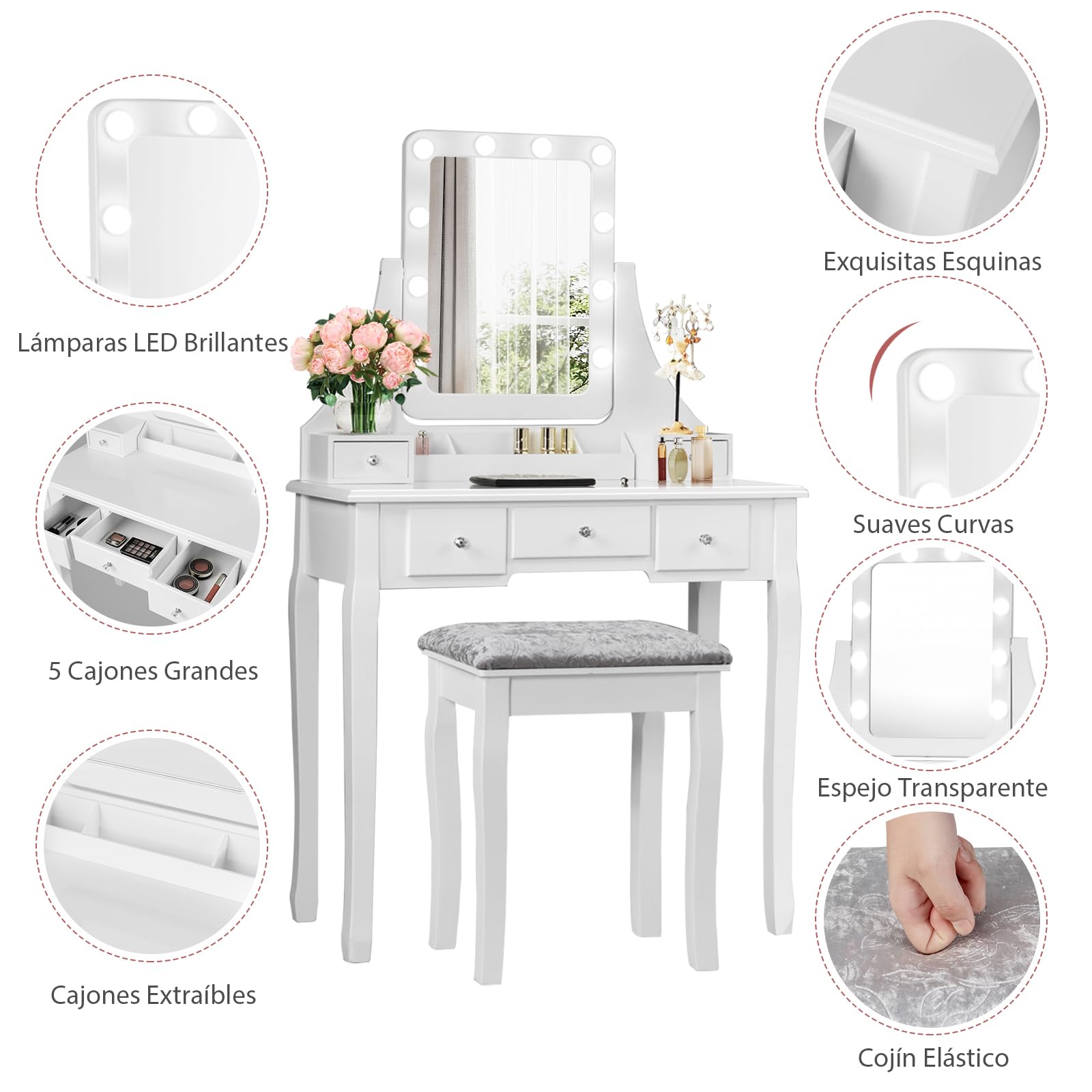 RELAX4LIFE Tocador de Maquillaje con Espejo Extraíble y Giratorio 360° y 10 Luces LED Regulables, Tocador Maquillaje con Taburete Acolchado, 5 Cajones, 3 Compartimentos y 2 Estantes (Blanco)