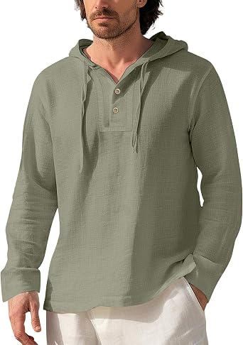 Mens Cotton Linen Hooded Shirt Long Sleeve Lightweight Hoodies Casual Baggy Pullover Sun Protection Beach Shirt