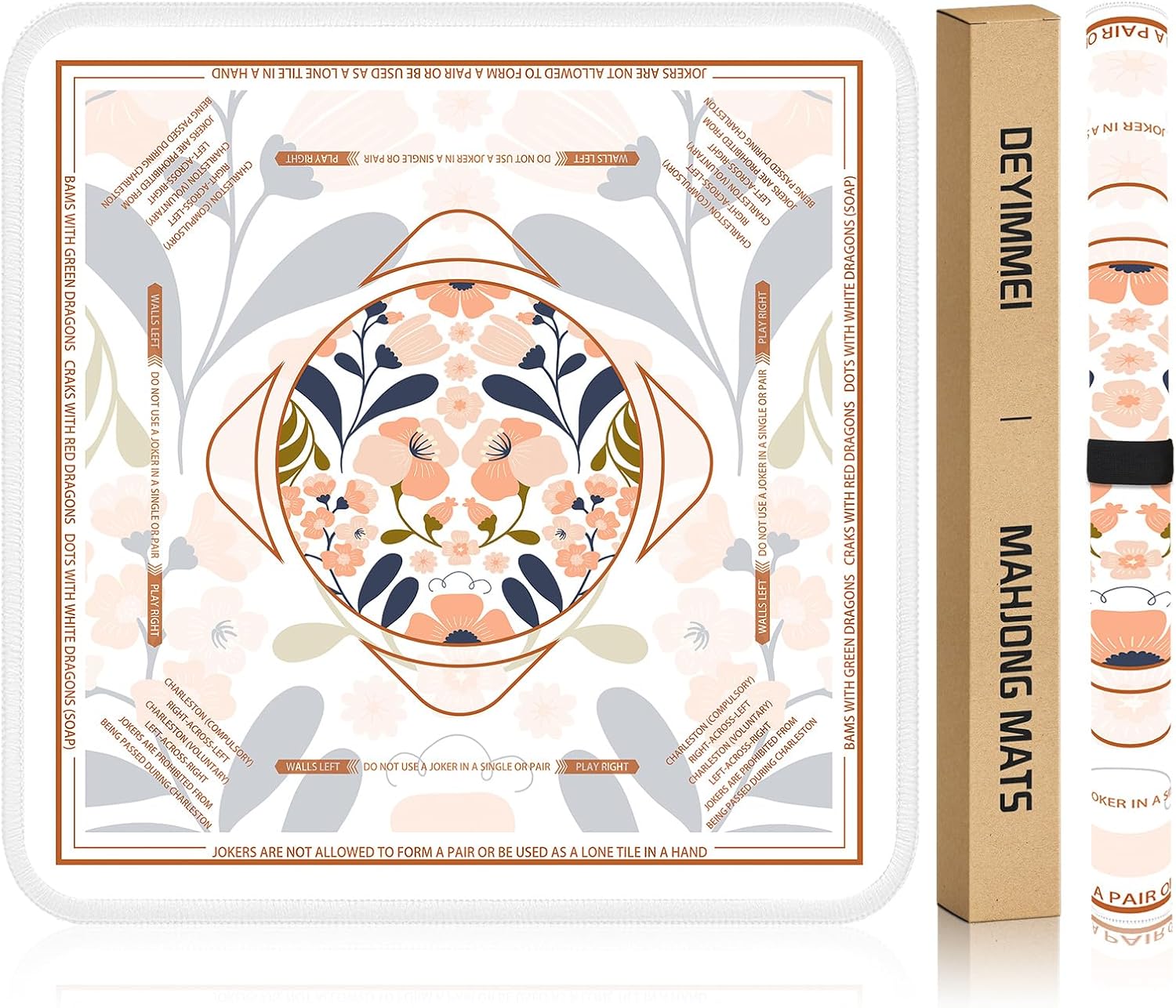 Deyimmei Neoprene Mahjong Mat for Table 31.5"x31.5" - Non-Slip, Noise Reduction Cover with Storage Pockets, American Rules & Crease-Free Rolled Shipping (Peach Blossom)