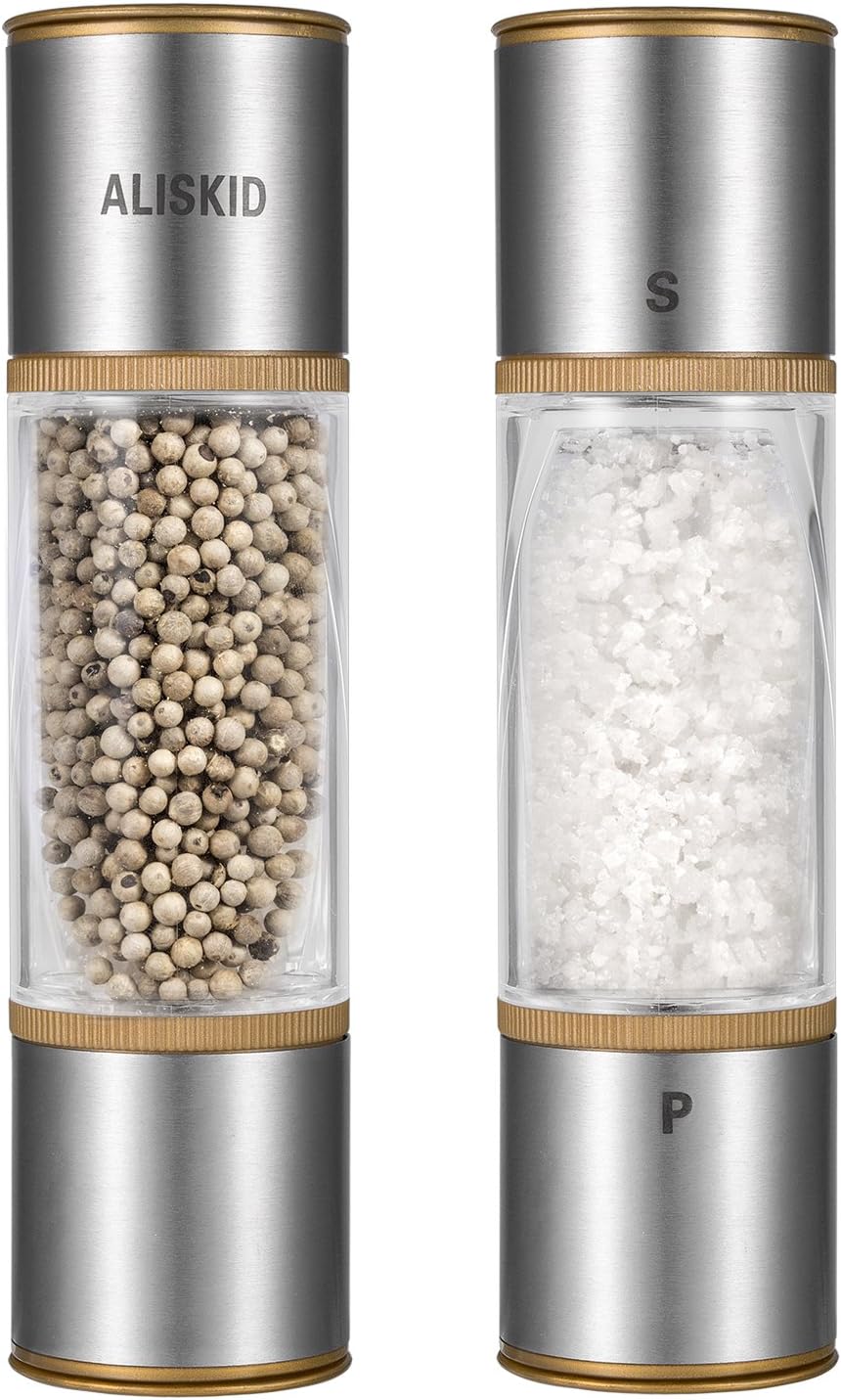 Salt and Pepper Grinders Shaker Set 2-IN-1, ALISKID 304# Premium Stainless Steel Double-ended Manual Salt & Pepper Grinder Mill