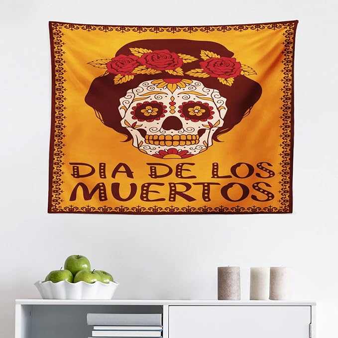 Ambesonne Sugar Skull Tapestry, Mexican Skull Girl with Hair and Flower Wreath Print, Fabric Wall Hanging Decor for Bedroom Living Room Dorm, 28