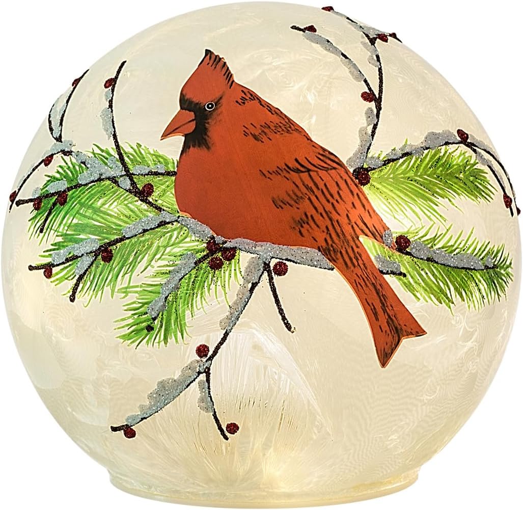 Haute Decor Cardinal Christmas Globe with Battery-Operated Timer and 15 Warm White LED Lights 6 Inch Diameter