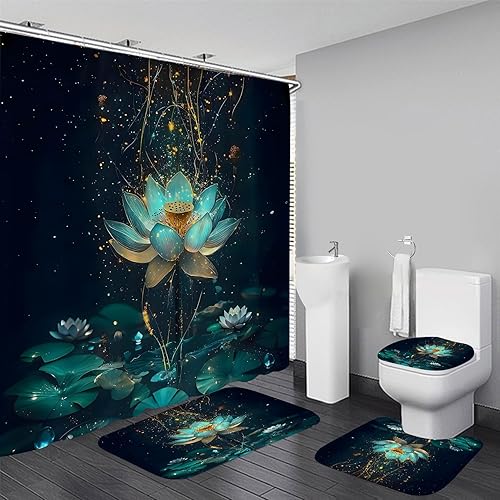 AZHM Juego de 4 cortinas de ducha de árbol de Navidad con alfombras, muñeco de nieve, juego de decoración de baño con cortina de ducha y 12 ganchos,