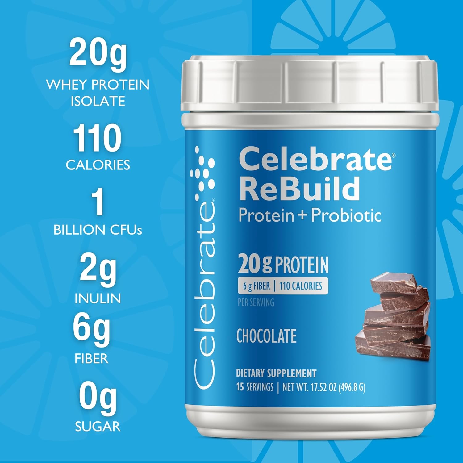 Celebrate Vitamins Rebuild Protein Powder with Probiotics & Prebiotics - 20g Whey Isolate Protein, High Fiber, for Post Bariatric Surgery Patients - Chocolate (15 Servings)