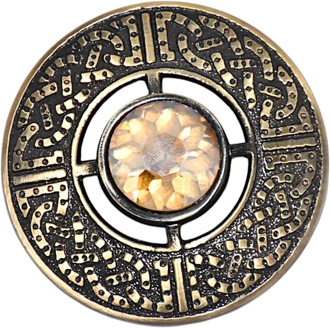 Scottish Pewter Round Kilt Brooch with MultiColor Gemstone