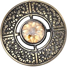 Scottish Pewter Round Kilt Brooch with Multi-Color Gemstone Antique and Chrome Finish