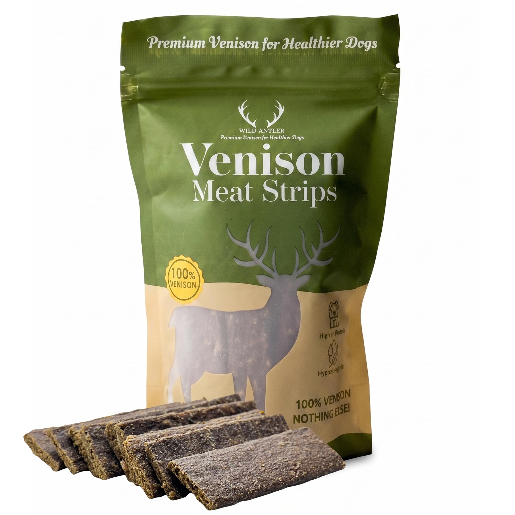 Wild Antler 100% Venison Treats for Dogs, Air-Dried Venison Meat Strips, Single Protein, Grain Free, Natural Dog Chews for Puppies, Adults & Seniors, 150g