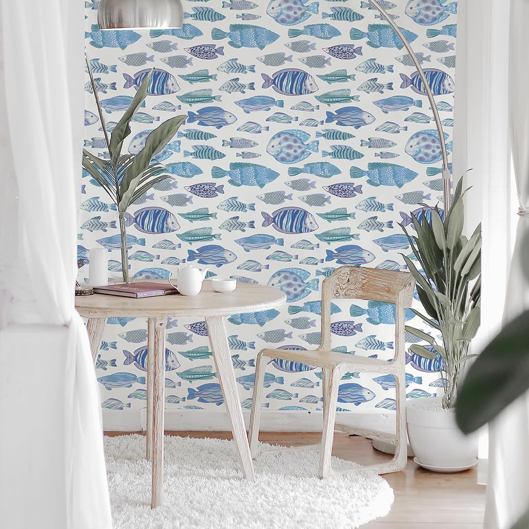 Tempaper Blue & White Marine Fish Removable Peel and Stick Wallpaper, 20.5 in X 16.5 ft, Made in The USA