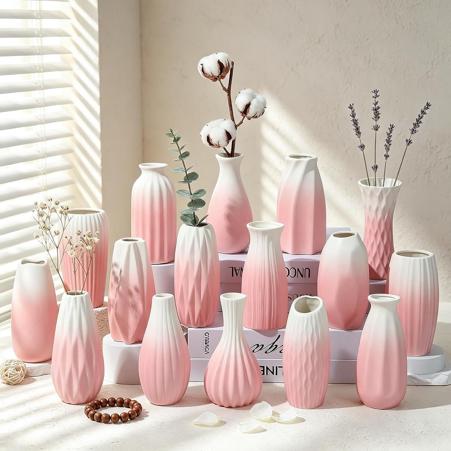 BEAHOT Ceramic Bud Vases Set of 16 – Gradient Pink and White Mini Vases for Centerpieces and Table Decor – Ideal White Bud Jars for Weddings, Boho Home Style, and Gift Ideas