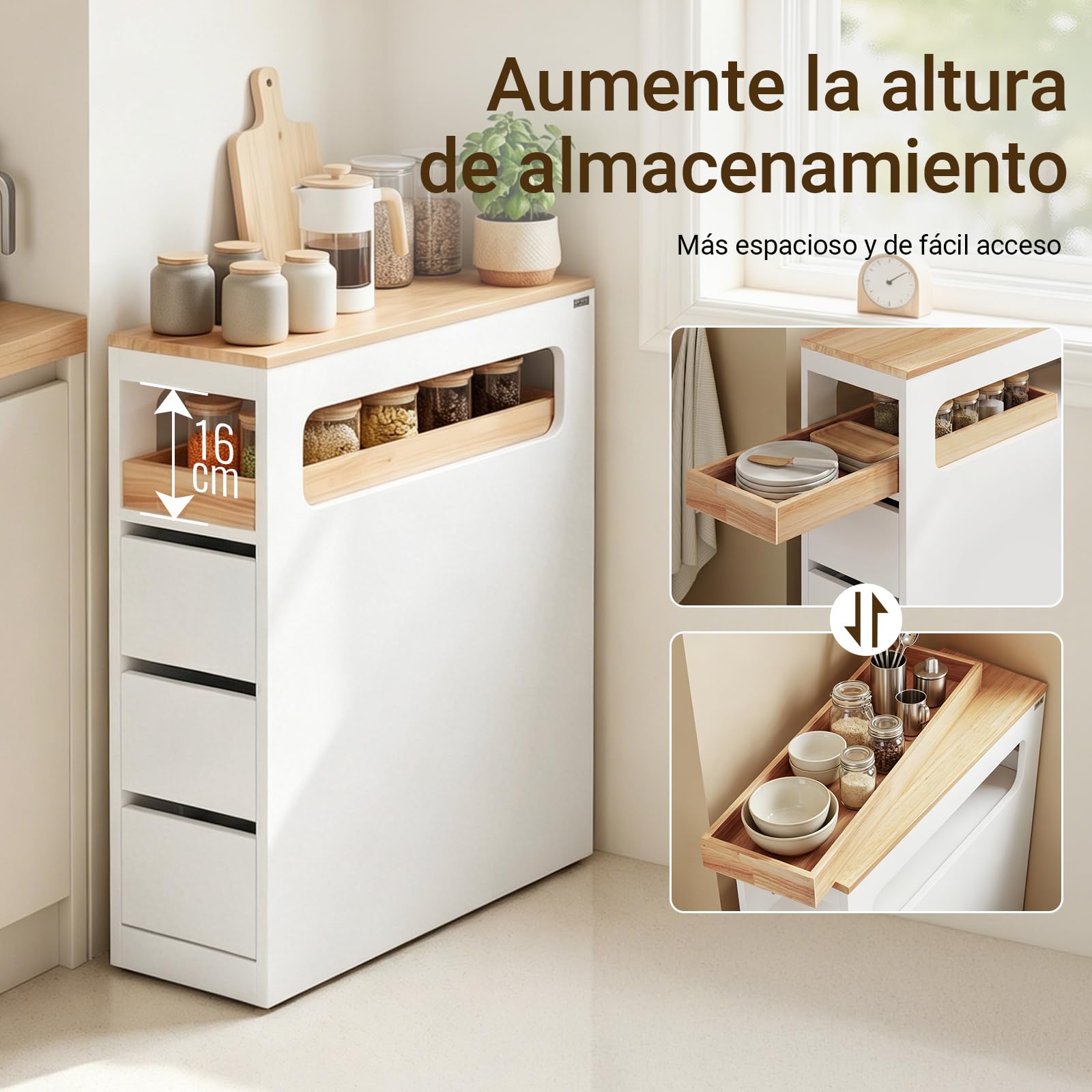 SoBuy Carrito Cocina con Ruedas Armario Almacenaje Blanco 65 x 23 x 82 cm | Mueble Auxiliar de Cocina con Encimera, Cajón y Estantes Abiertos Cajonera Estrecha, BZR54-II-W