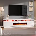 Jocisland Fireplace TV Reste avec 40" Cheminée, 80" Centre moderne de divertissement haute brillance LED Lumières, 2 Niveau TV Console Cabinet pour téléviseurs Jusqu'à 90", Tous blancs