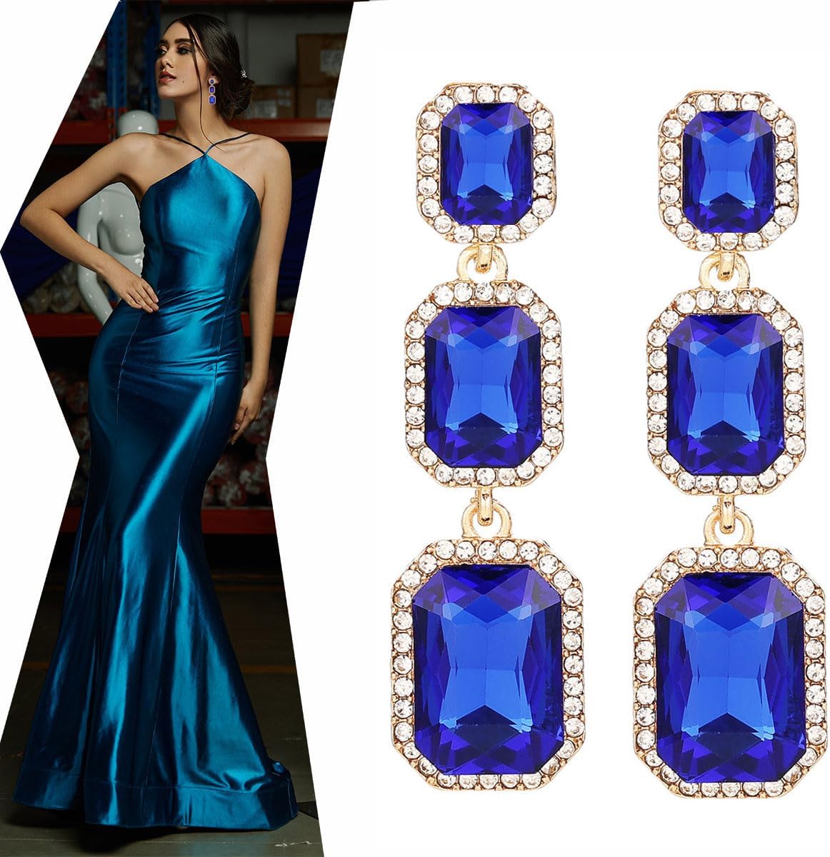 Classical Rhinestone Dangle Earrings Statement Crystal Drop Earrings Wedding Bridal Rectangle Dangling Earrings for Women - Image 2