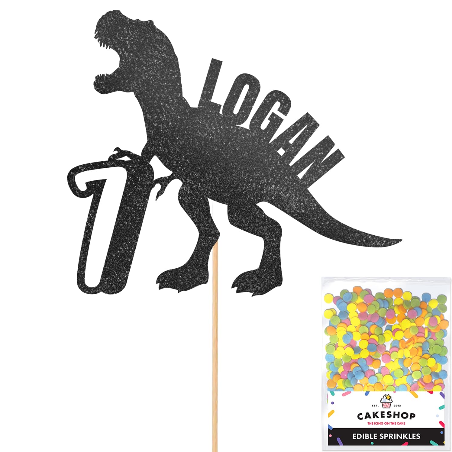 Personalised Birthday Dinosaur Glitter Cake Topper- Black Any Name & Age Glitter Cake Decoration and Sprinkles - Happy Birthday Decorations - Personalised Toppers for Cakes by Cakeshop — image 1
