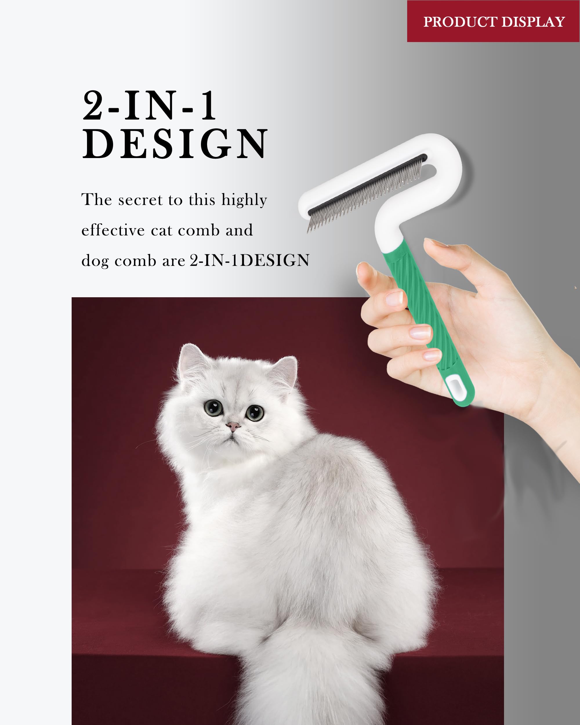 Pettine per cani e gatti, pettine per toelettatura con denti lunghi e corti in acciaio. Rimuove in modo sicuro nodi e grovigli per cappotto lucido. Strumento districante delicato per peli di