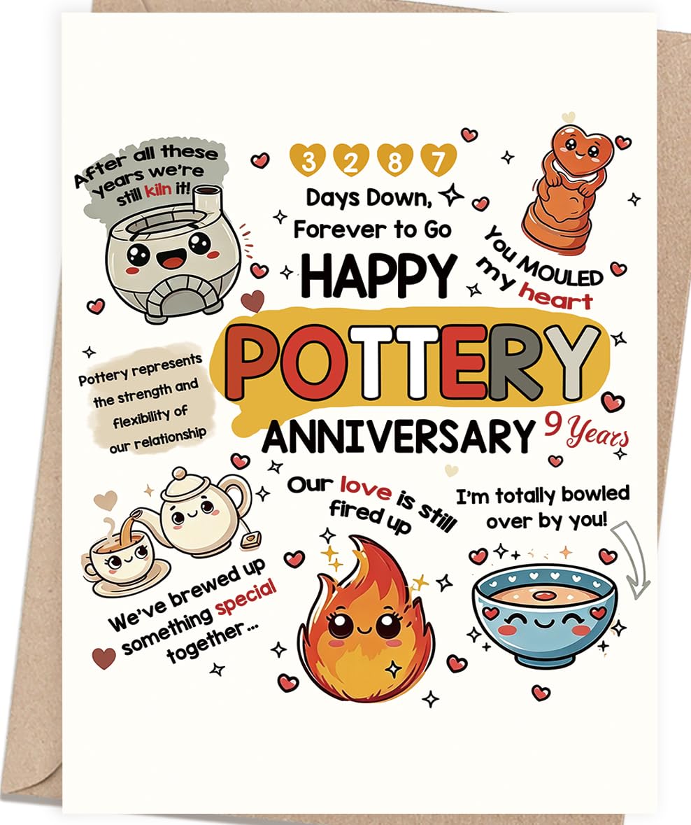 Asmallgf 9th Pottery Anniversary Card Gifts for Women Men Him Her, Romantic 9 Year Wedding Anniversary Surprise for Party Celebration Decoration