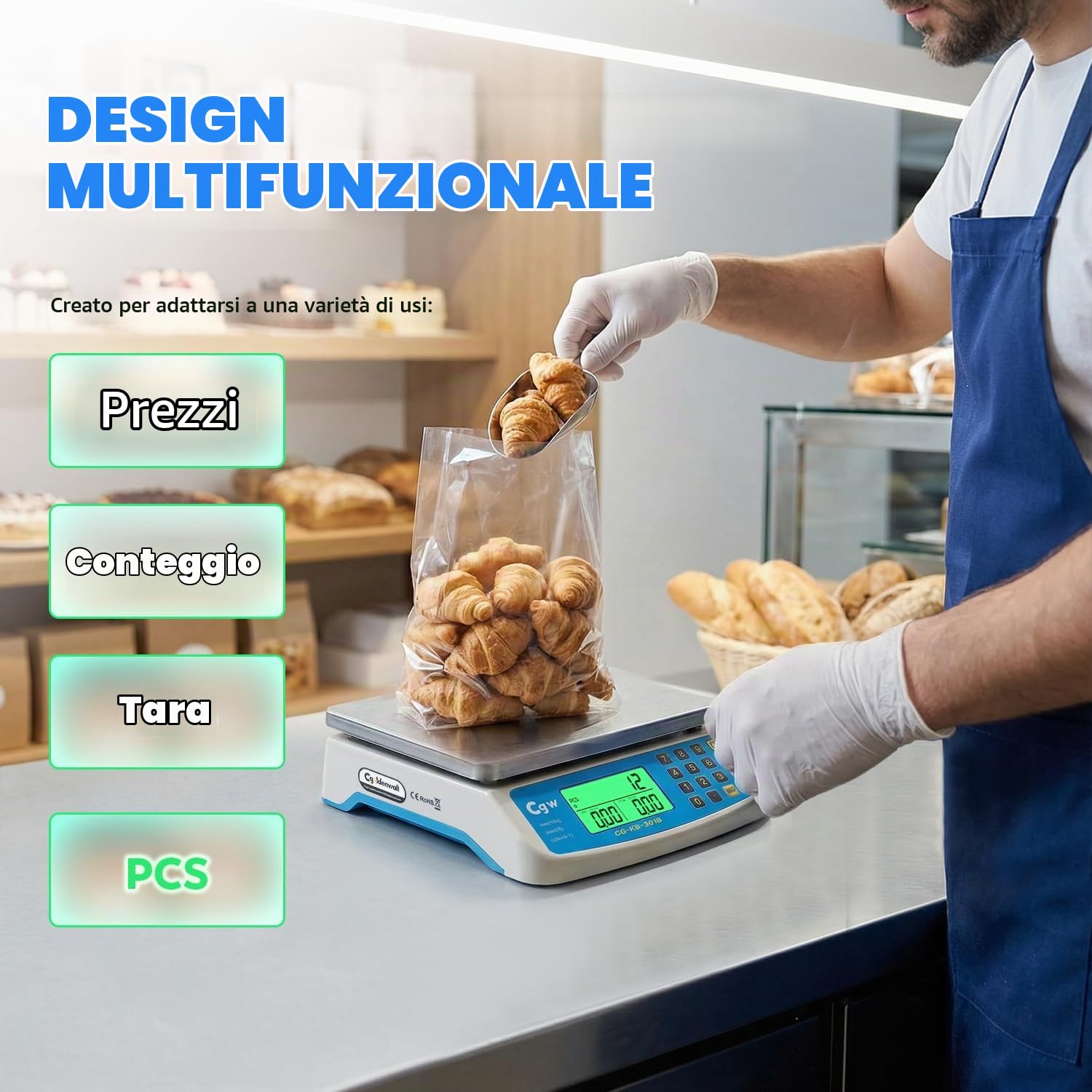 CGOLDENWALL Bilancia Cucina Digitale 30kg/1g, Bilancia Professionale con Calcolo Prezzi, Piatto Inox Grande, Display LCD, Conversione KG/LB/OZ e Doppia Alimentazione, per Ristorante, Pasticceria, Casa