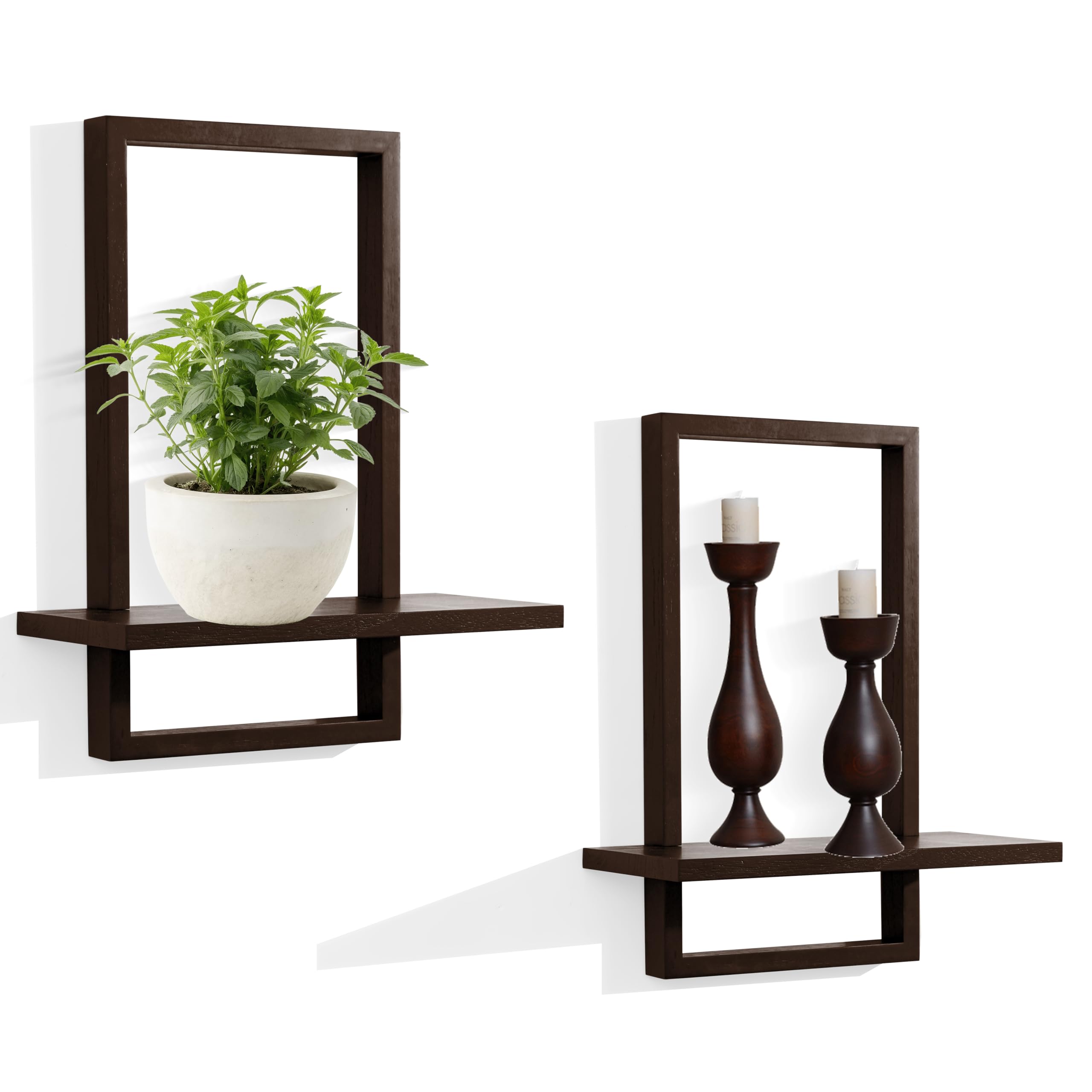 FURAOMEILI Square Floating Shelves,Wall Plants Holder,Framed Decorative Shelf,Bathroom Wall Decor,Modern Chic Set of 2 for Living Room Bedroom Home Office,Soild Wood,L+S(Walnut — image 1