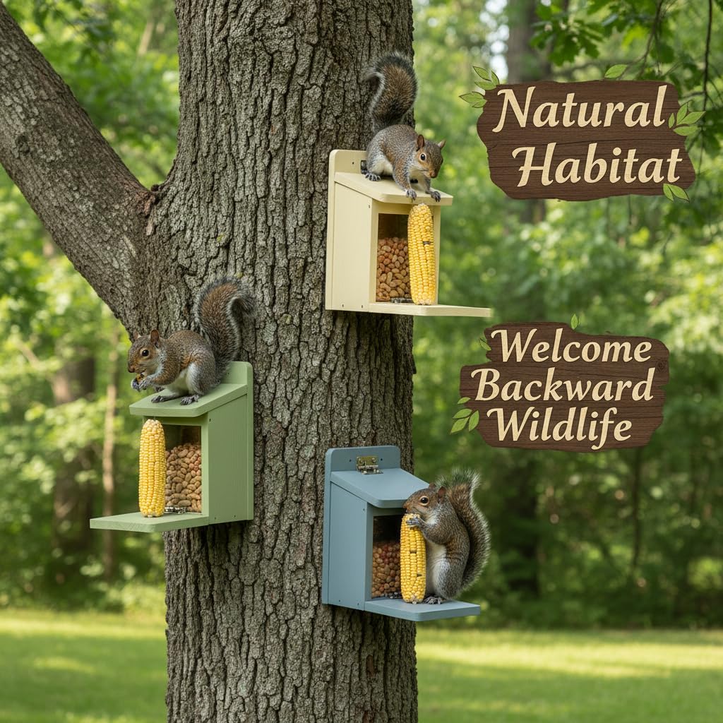 Premium Wooden Squirrel Feeder Box, Sturdy Squirrel Feeding House with Thickness 1.5CM Wood, No Assembly Required, for Backyard Outside Garden (Green)