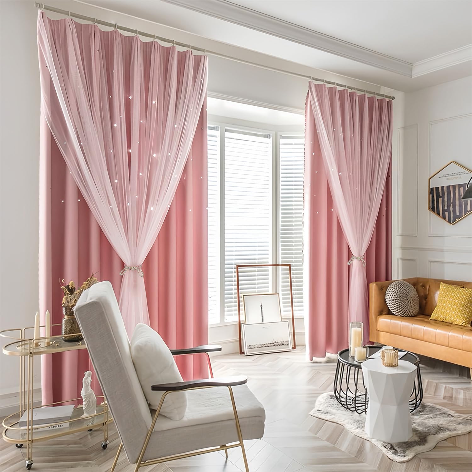 Amazon｜HNKLIFE カーテン 姫系 遮光 二重カーテン 星柄 レース付き 遮