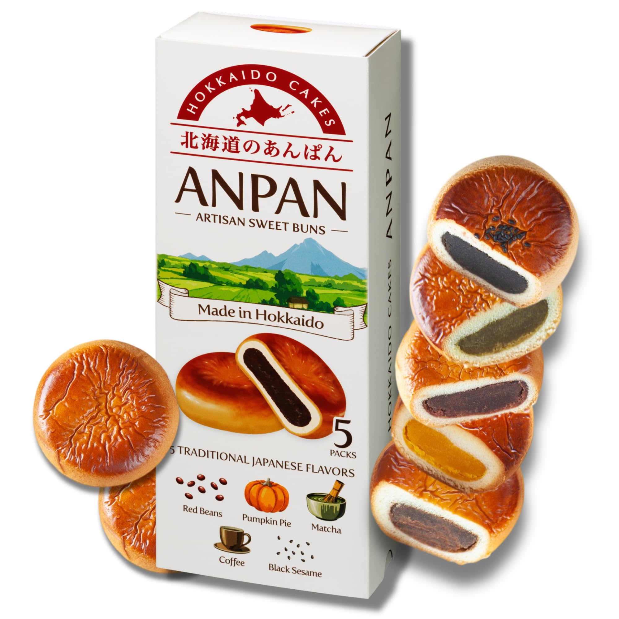 Hokkaido Anpan Variety Pack by Aki Foods Japan – Authentic Japanese Sweets | Asian Bread, Dessert, Snack | Red Bean, Black Sesame, Matcha, Pumpkin Pie, Coffee Flavors (5 Pieces)