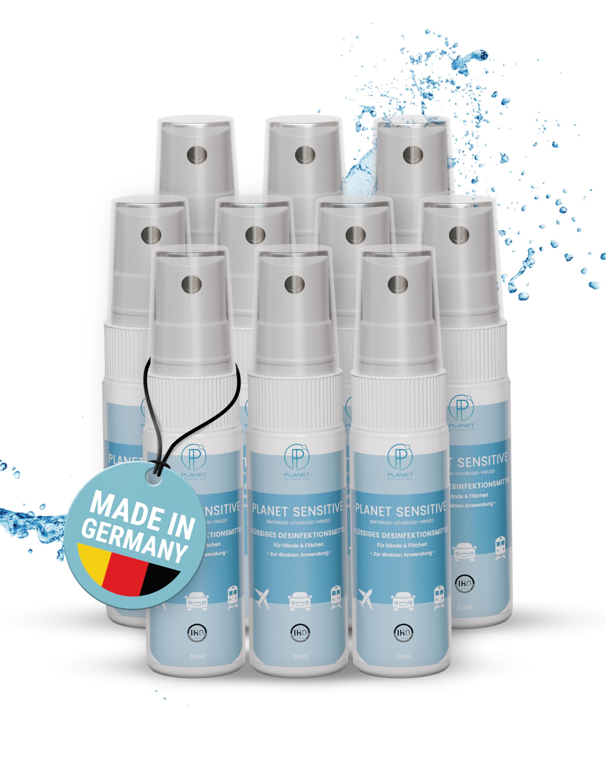 Planet Sensitive® -10 x 50ml alkoholfreies Desinfektionsmittel für Flächen, Oberflächen, Hände & Haut - Wirksam gegen Bakterien, Viren, Hefen & entfernt Gerüche | Mild basisch | Sprühflasche Sprayer