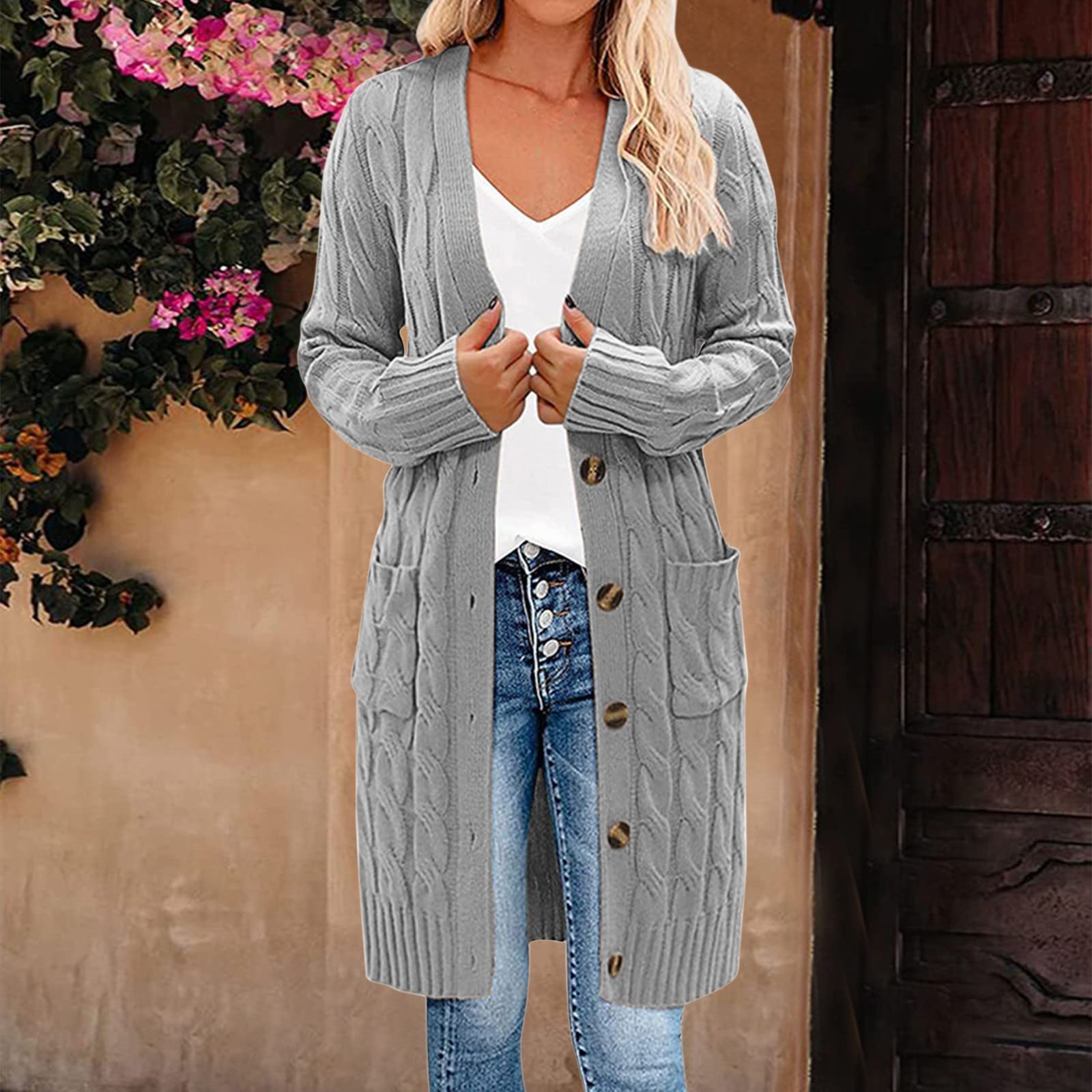 Generisch Cárdigan largo para mujer con botones, abrigo de punto grueso, cálido, con bolsillos, abrigo de punto de manga larga, chaqueta de punto grueso ligero con botones, cárdigan informal para uso