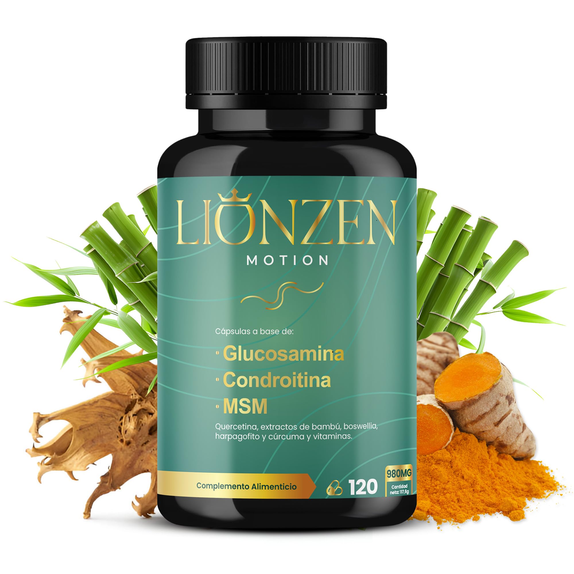 Glucosamina Condroitina y MSM +16 ingredientes articulaciones y huesos | Colágeno, Ácido Hialurónico, Cúrcuma y Vitaminas | Condroprotector Natural Cartílago y Dolor Articular | LIONZEN MOTION