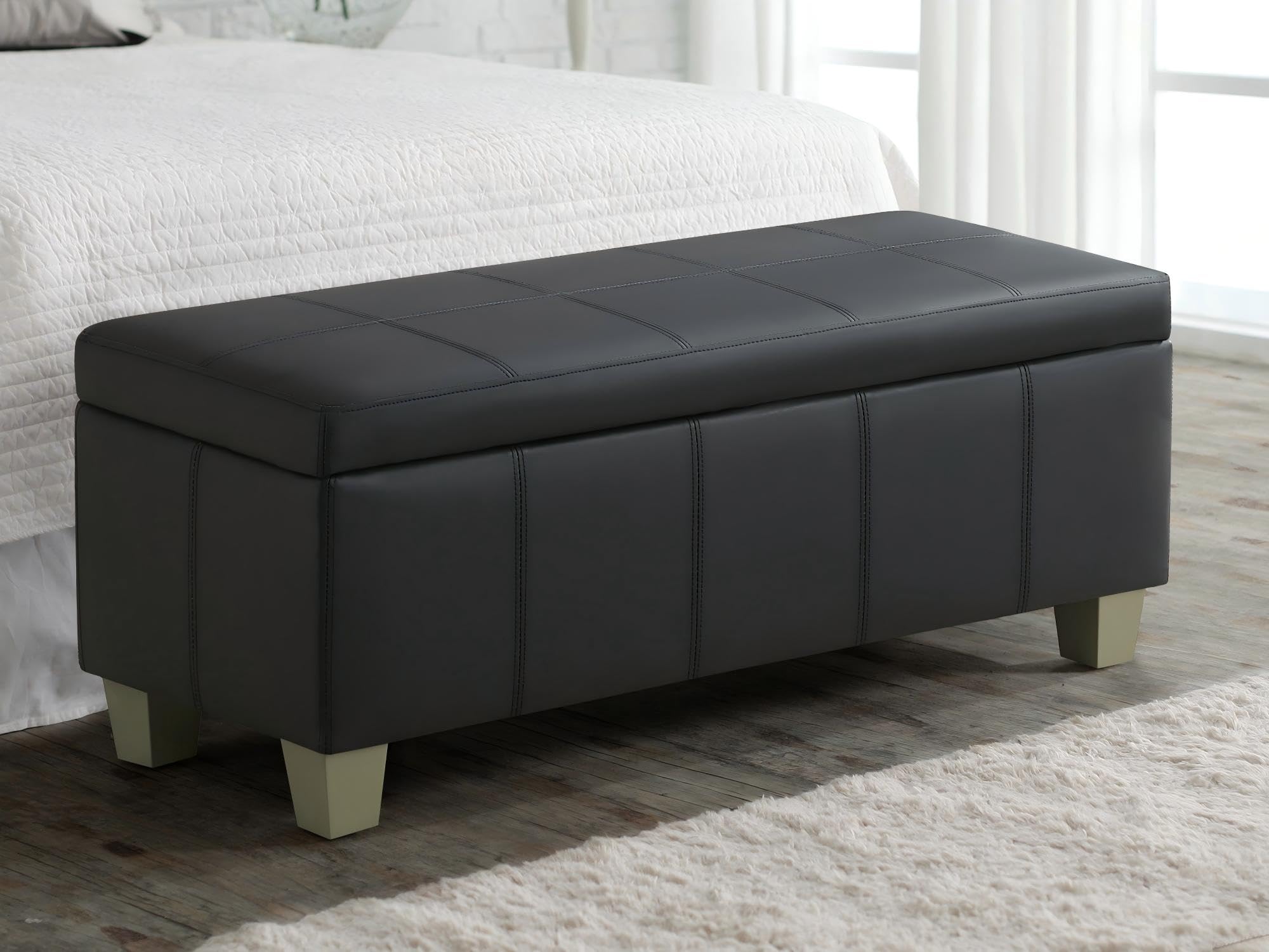 WUTUTUEE 41" Faux Leather Storage Ottoman, Stitch Tufted Rectangle Upholstered End of Bed Storage Bench, Entryway Large Couch Ottoman with Wooden Legs, Dark Black