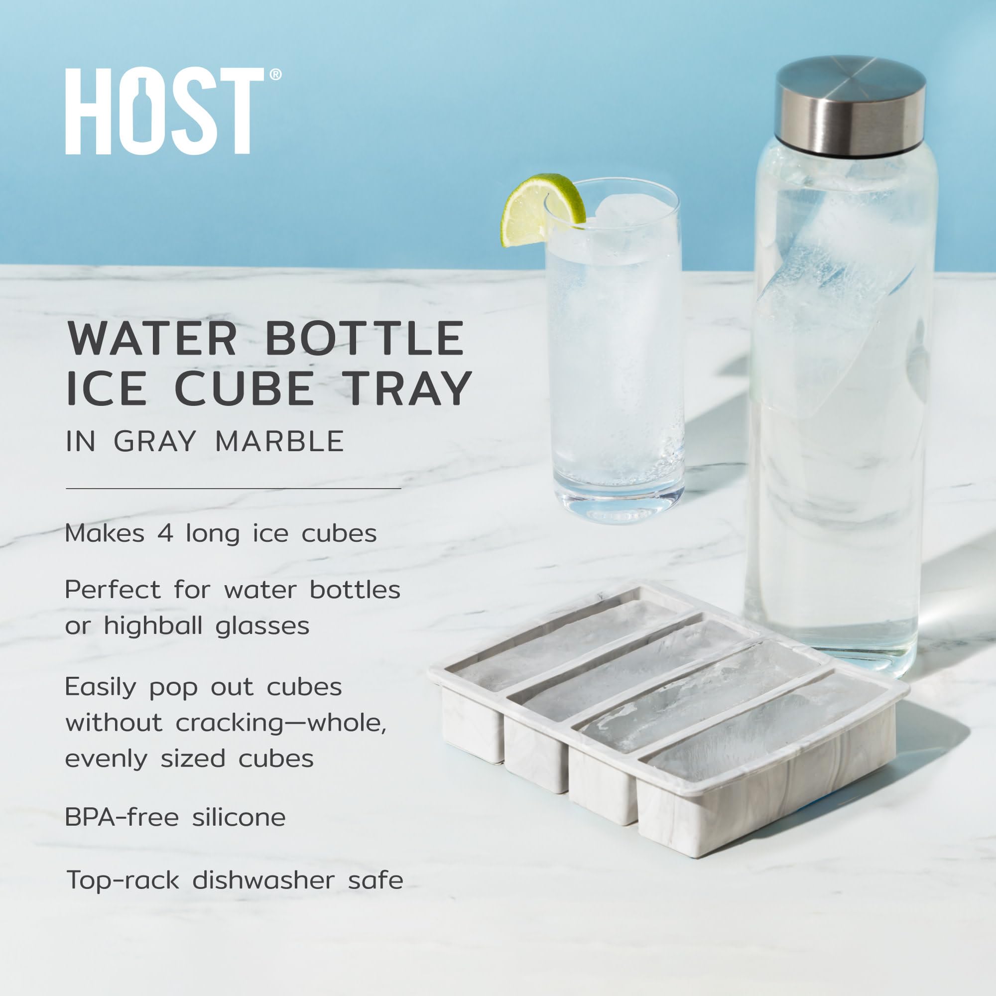 Host Eiswürfelform, macht vier 12,7 cm lange Würfel, langlebige Silikonschalen mit leicht zu lösendem Design, perfekt für Wasserflaschen und Highballgläser, Home Bar Zubehör, 1 Stück, Marmor