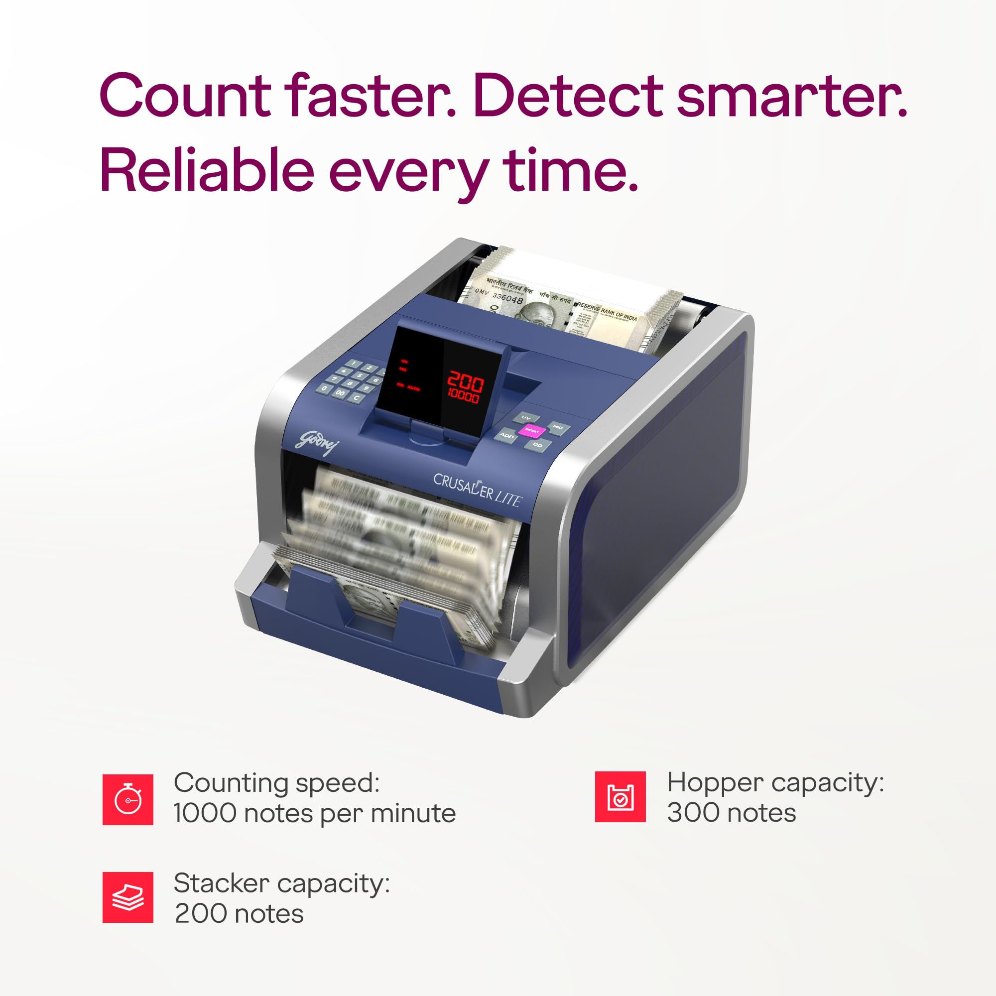 Godrej Security Solutions Bill Counter Crusader Lite Cash/Currency Counting Machine 1000 Notes/Min With Customer Display Unit | Fully Automatic & UV, MG & IR Sensors | Fake Note Detector For Bank Home 2