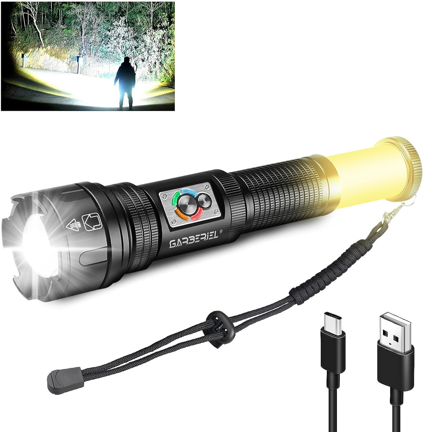 Garberiel Flashlight XHP99 + COB Light Rotation Extension, COB Light with Red/Yellow Light Rechargeable LED Strobe High Lumens Portable Adjust Focus Camping Hiking Outdoor Multifunction Torch Light