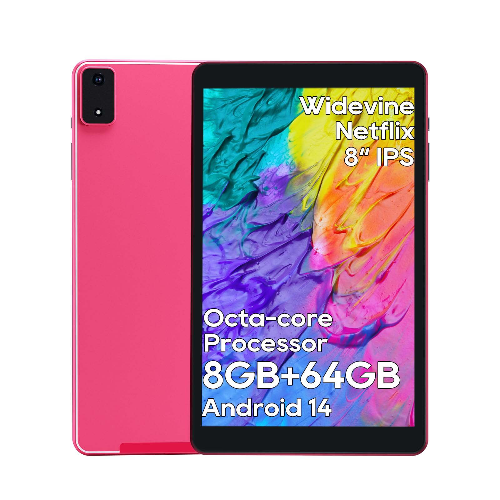 Android Tablet 8 Inch, 12(4+8)GB RAM, 64GB ROM(2TB Expandable), Octa-Core, Wi-Fi 6 & Bluetooth 5.4, Dual Speakers, Metal Body, 2-Year Protection, 6 FT Charging Cable, Reinforced Type-C Port, Pink