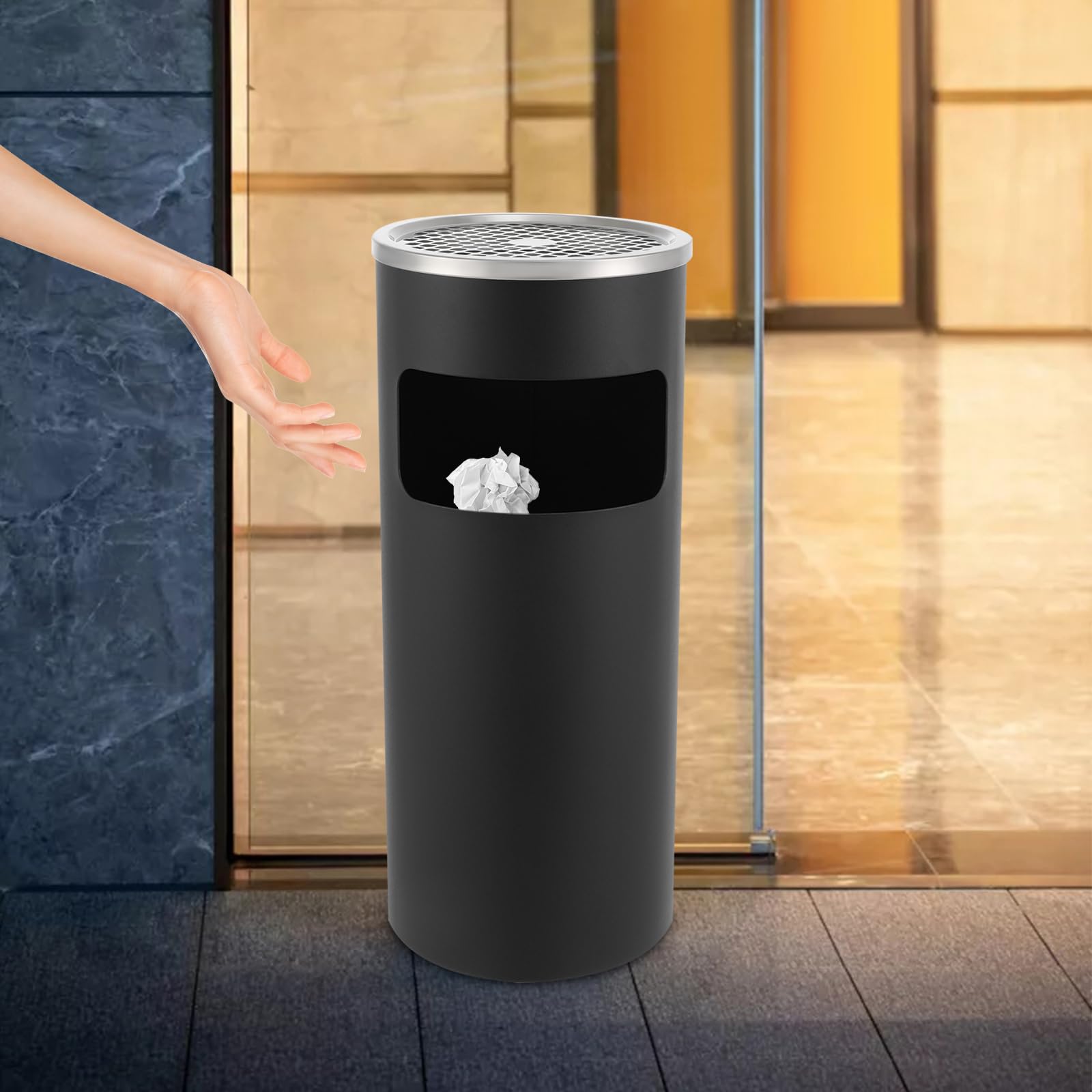 Cubo de basura de acero inoxidable de 15 l para interior/exterior, cenicero con rejilla de extinción, resistente a la intemperie, resistente a la corrosión, para restaurante, jardín, pub, club