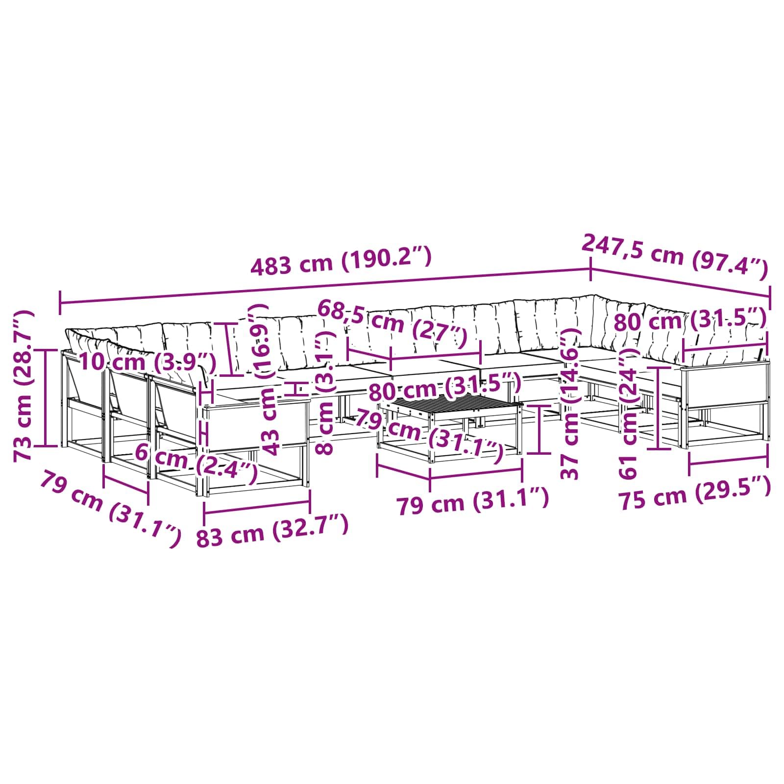 Outdoor-Gartenmöbelgarnitur mit Kissen 11 Teile aus Massivholz und Textilene für Terrasse, Balkon und Garten, wetterfestes Lounge-Set mit Tisch, Sofas, Sesseln und Stauraum