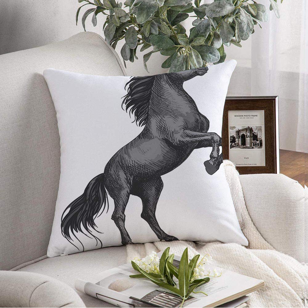 Square Pillow Cover Animal Rearing Horse Sketch Black Stallion Arabian Mare Breed Stands Up On Hind Legs Equestrian Decorative Throw Pillowcase for Couch Bed Car Lving Room 16x16 Inch