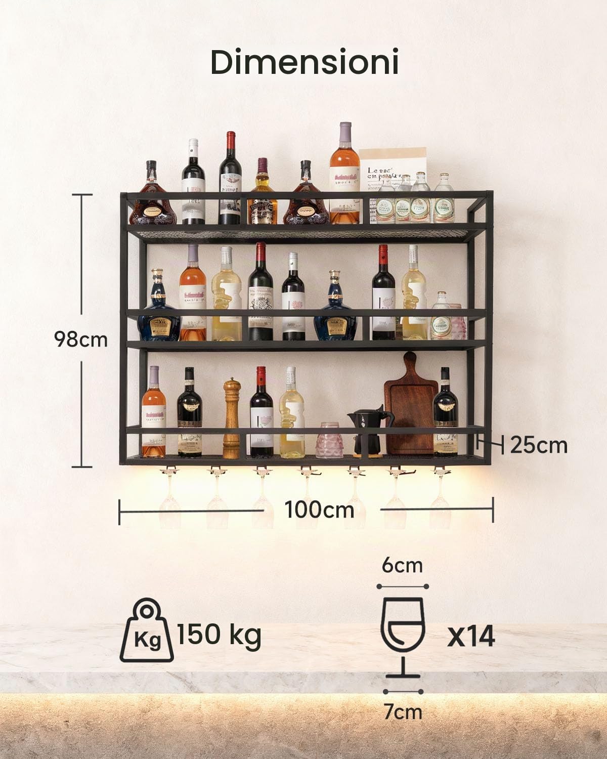 Portabottiglie da Parete con Portabicchieri a LED, Scaffale Moderno in Metallo 100 cm a 3 Livelli, Mensola Bar per Casa, Cucina e Locale Commerciale