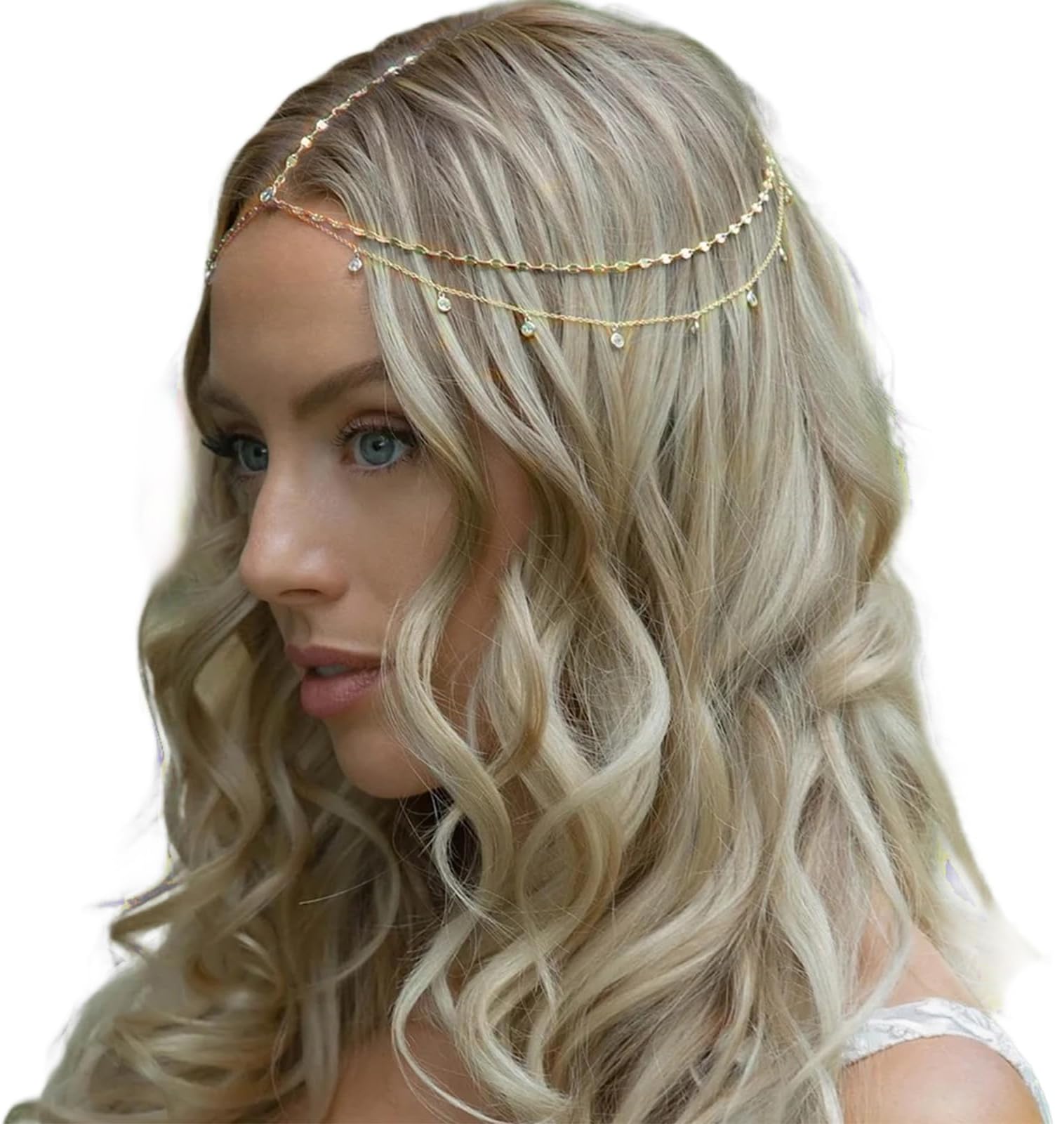BENIFILE Gold Head Chain Crystal Headband Pendant, Boho Head Chain Jewelry, Sparkle Rhinestone Head Chain Bridal Headpiece, Chain Layered Hairpiece Wedding Prom Hair Accessories for Women Girls