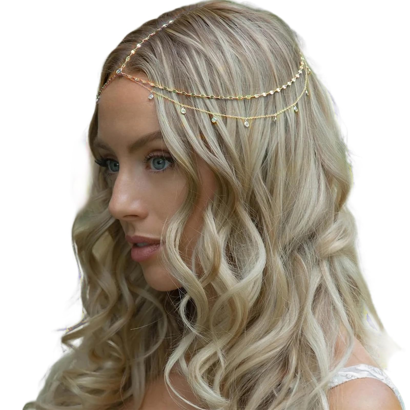 BENIFILE Gold Head Chain Crystal Headband Pendant, Boho Head Chain Jewelry, Sparkle Rhinestone Head Chain Bridal Headpiece, Chain Layered Hairpiece Wedding Prom Hair Accessories for Women Girls