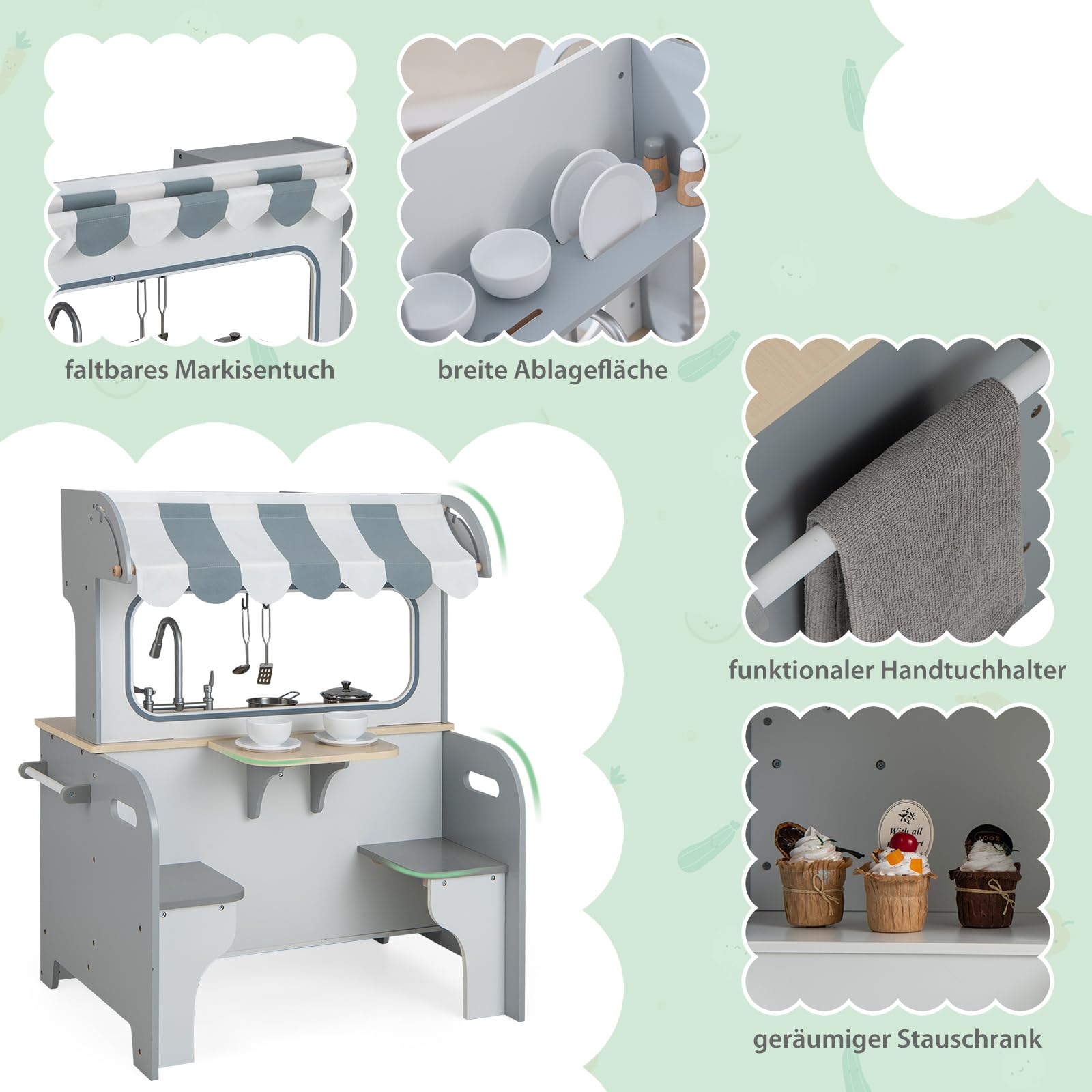 COSTWAY 2 in 1 Kinderküche mit Zubehör, Spielküche mit Restaurant zum Kochen & Servieren, Holzküche inkl. Wasserhahn Spüle Herd Ofen Handtuchhalter Haken, Spielzeugküche für Kinder ab 3 Jahren