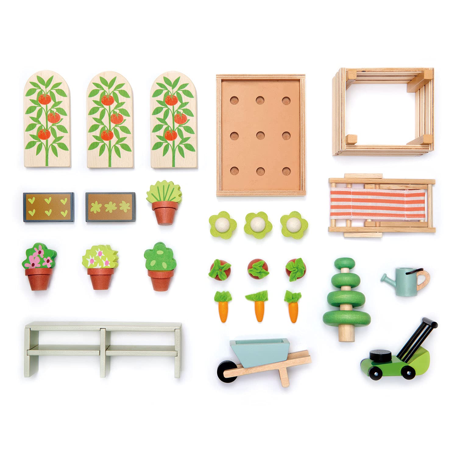 Juego de jardín de invernadero - Juego de 28 piezas de jardinería natural en miniatura, juguetes de granja de cosecha de madera - Inspira un juego imaginativo sin fin - A partir de 3