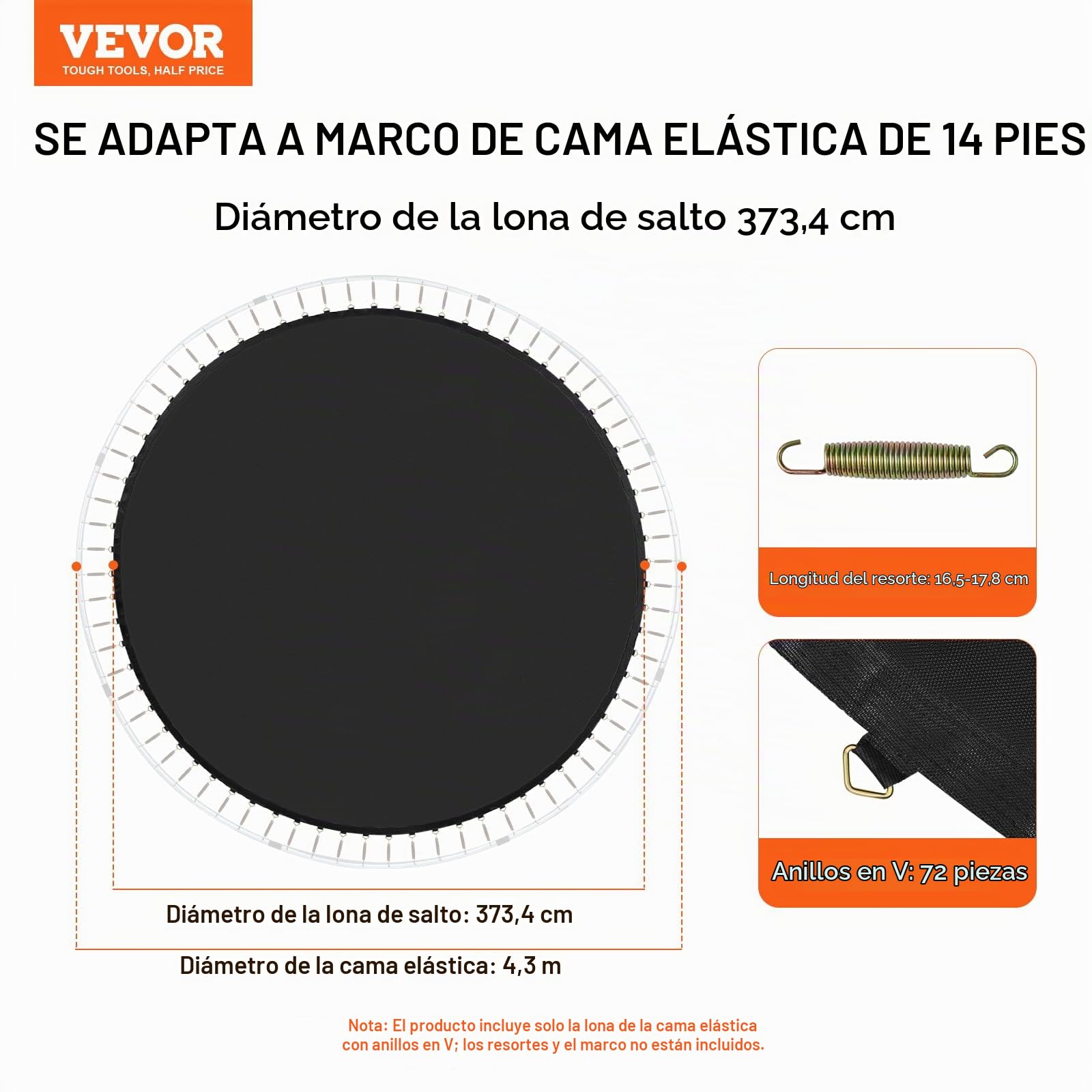 VEVOR Colchoneta de Repuesto para Trampolín, Se Adapta a Un Marco de 426 cm, Resistente a los Rayos UV con Herramienta de Resorte y Anillos en V Duraderos, Se Adapta a Resortes 16,5-17,8 cm de Largo