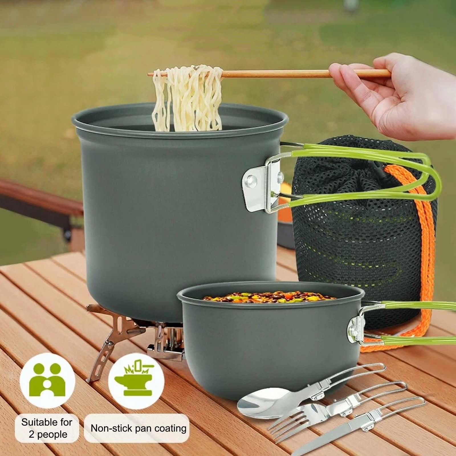 Camping Kochgeschirr Set für 1-2 Personen, Camping Geschirr Set aus Aluminium, Tragbare Camping Topf Pfanne Set mit Faltbare Besteck, Besteck Outdoor Topfset für Kochgeschirr Reisen Wandern