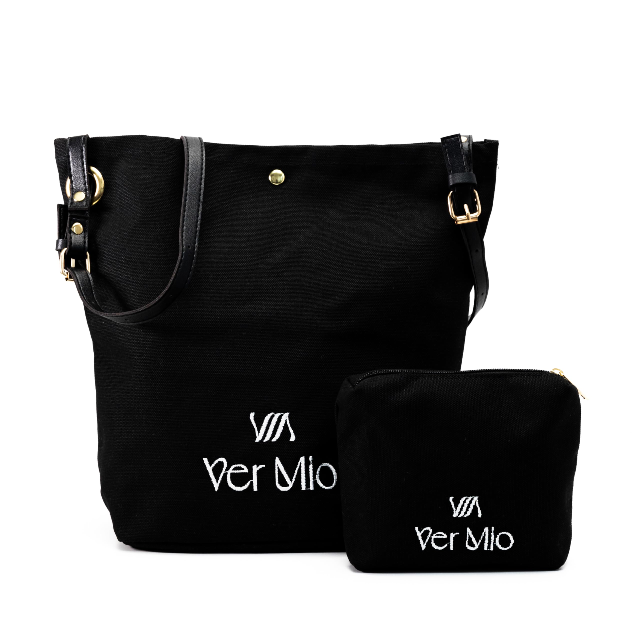 Perfect Valentine’s Day Gift – VerMio Canvas Tote Bag for Women with Makeup Pouch – Reusable, Stylish, Everyday Shoulder Bag (Black with White Logo and Black Handle)