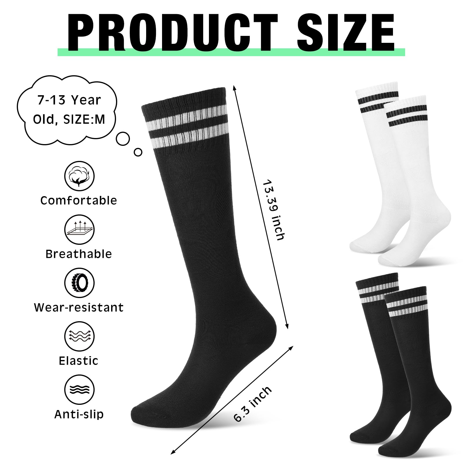 Xtinmee 24 pares de calcetines de fútbol para niños, elásticos, a rayas, hasta la rodilla, calcetines deportivos de fútbol para niños y niñas de 7 a 13 años