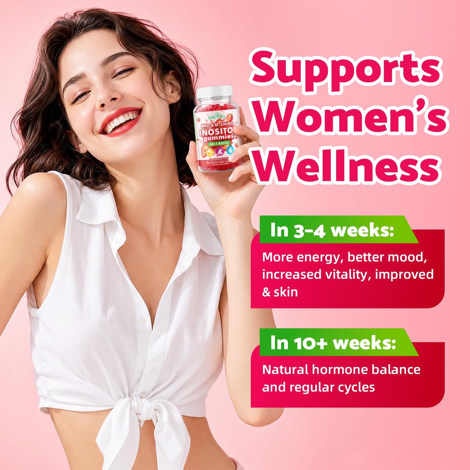 Myo-Inositol & D-Chiro-Inositol Gummies with Vitamin D3, Magnesium Glycinate, Folate & Zinc, Inositol Supplement for Female Health, Sugar Free, Strawberry Flavor, 60 Count — Amazon image 4