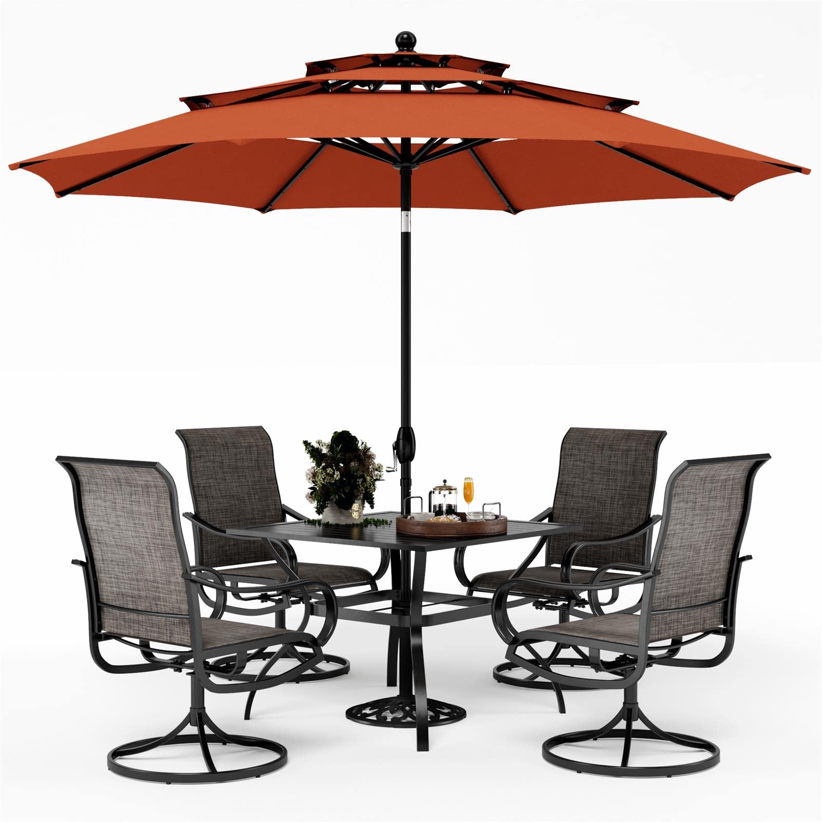 PHI VILLA Patio Table and Chairs Dining Set with Umbrella for 4, Outdoor Dining Set with 4 Swivel Patio Chairs, 1 Square Metal Dining Table and 10ft
