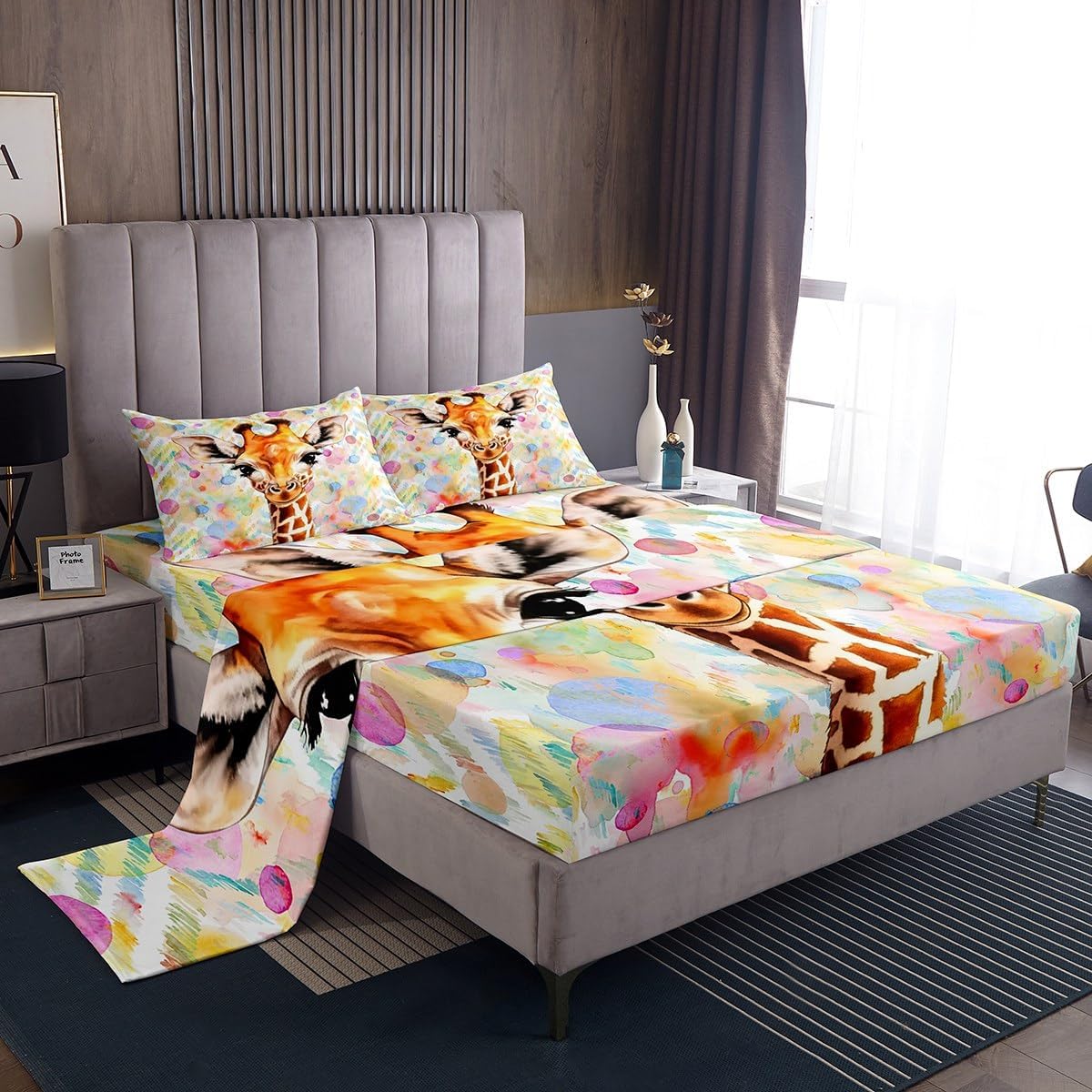 Feelyou Cute Giraffe Bed Sheets Twin Size Kids Colorful Bubble Sheet Set Cartoon Style Bed Set for Women Men Kawaii Animal Sheets 3Pcs,1 Fitted Sheet+1 Pillow Sham+1 Flat Sheet