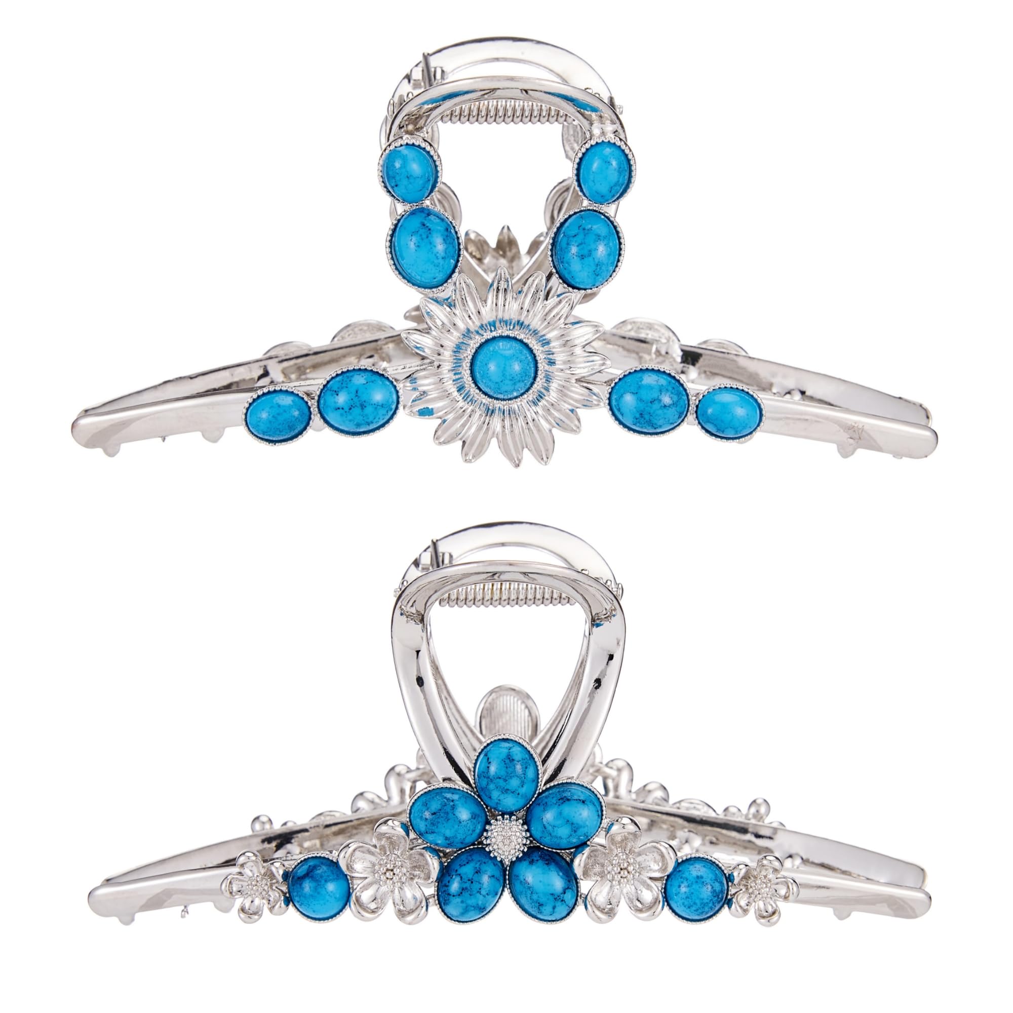 Turquoise Blue Stone Hair Claw Clips, Metal Retro Style Jaw Clips for Women Ladies - Sun Flower Design Nonslip Catch Barrette Jaw Clamp Perfect