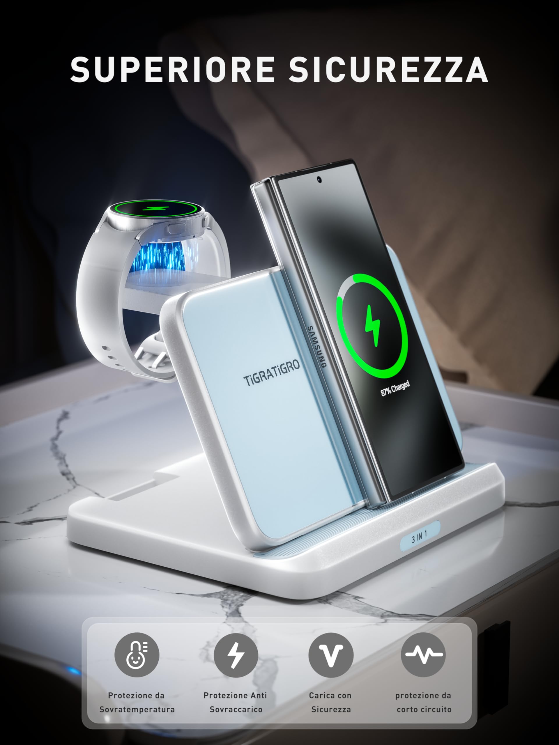 Tigratigro Caricabatterie Wireless 3 in 1 per Samsung, Stazione di Ricarica Wireless Veloce Pieghevole per Samsung Galaxy S26/S25/S24/23/22/21 Note 20/10/9 Z Flip/Fold, Watch Galaxy Buds (White, W820)