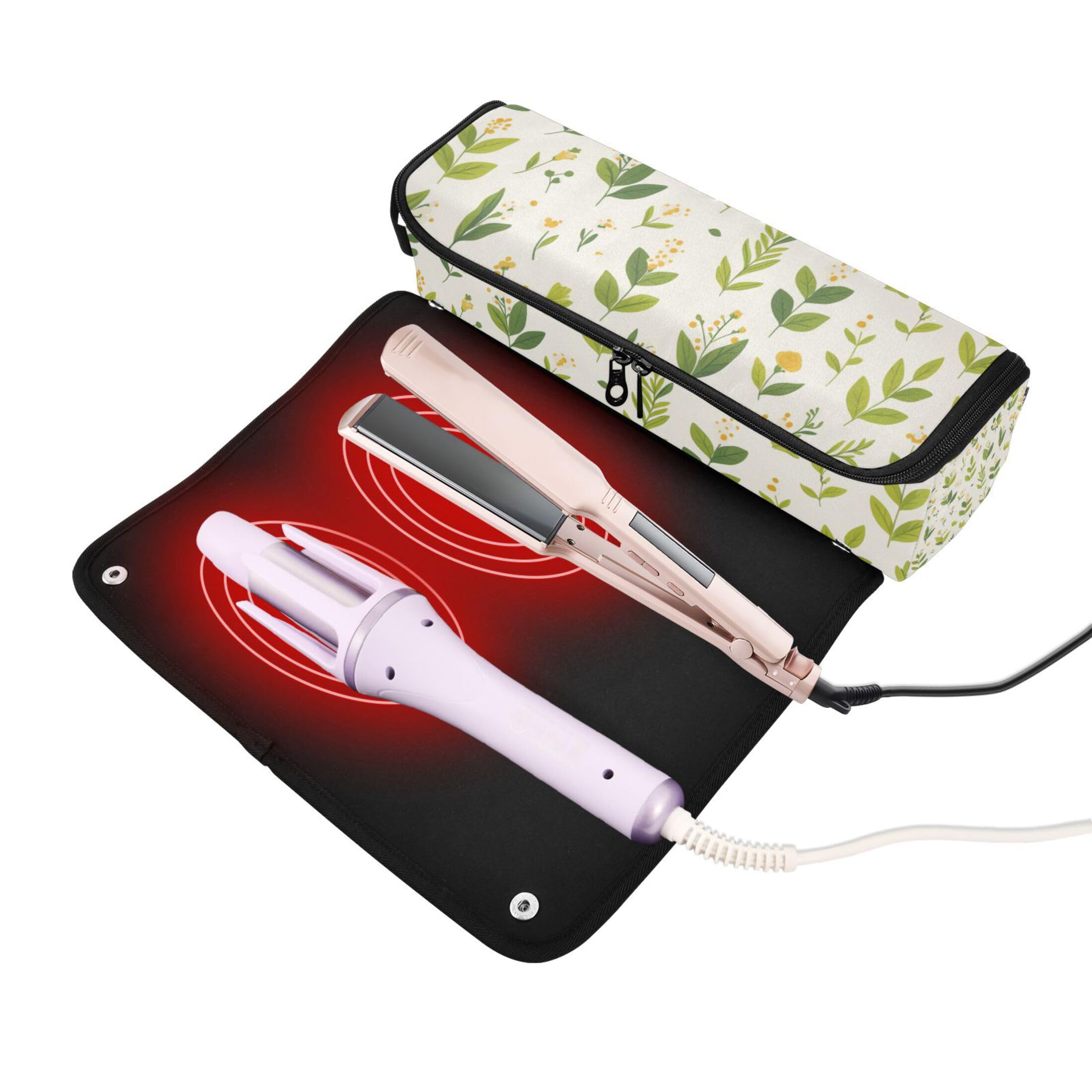 Hair Tool Travel Bag for Women with Removable Heat Resistant Mat Dustproof Travel Hair Straightener Bag for Flat Irons, Straighteners, Curling Irons, Green Leaves Flowers